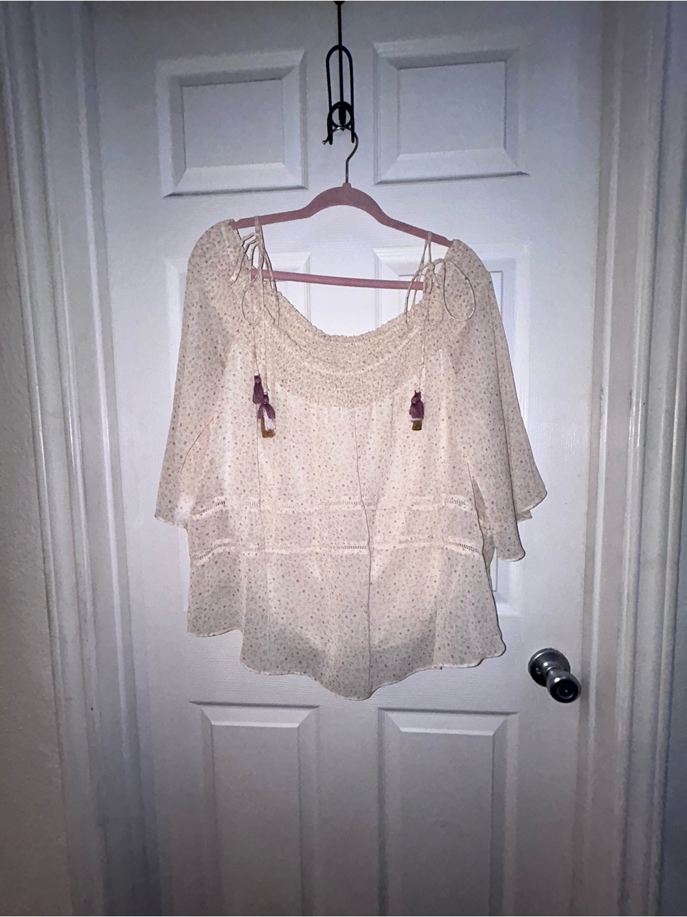 Rebecca Minkoff Cream Off-Shoulder Peasant Blouse with Tassel Ties
